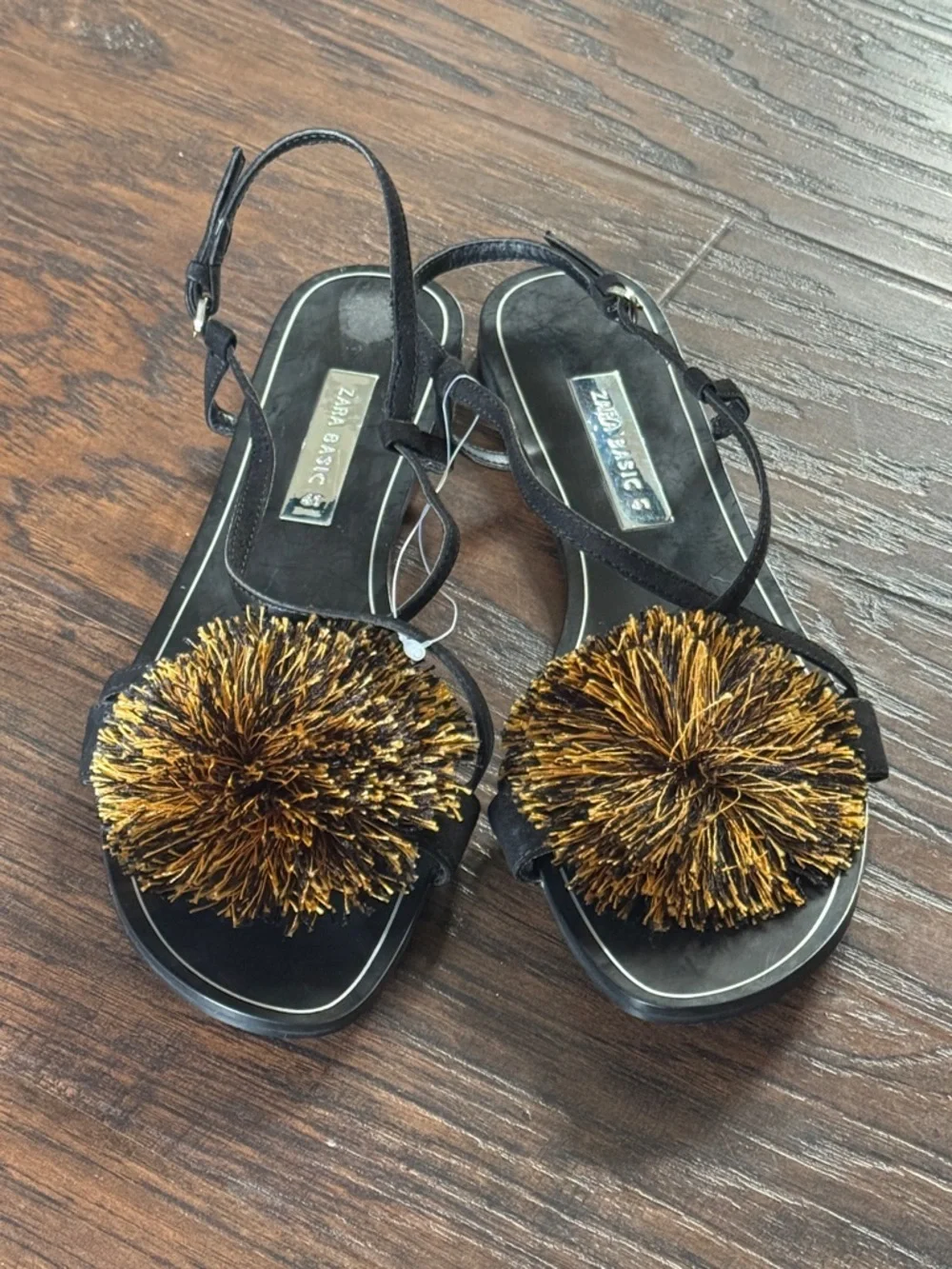 Zara Black Sandals with Metallic Gold Pom Detail - Picture 3 of 11